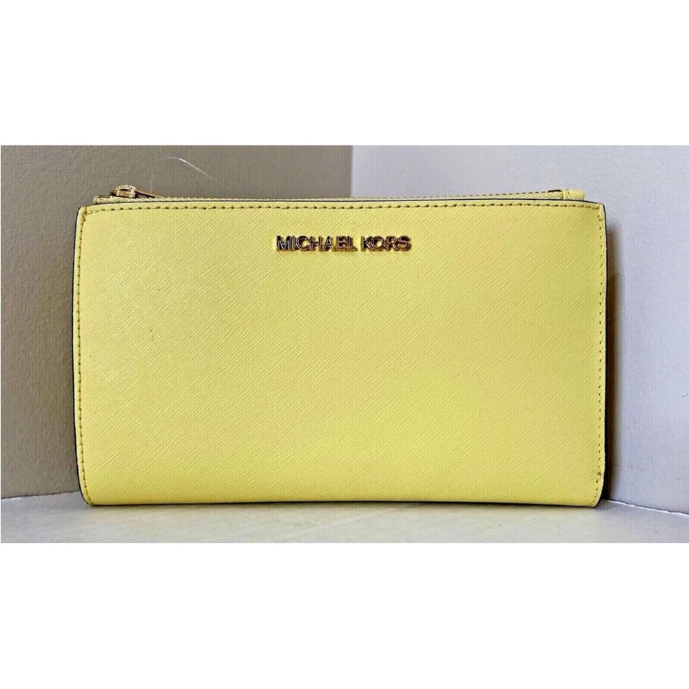 New Michael Kors Jet Set Travel Double zip wristlet Saffiano Leather Sunshine